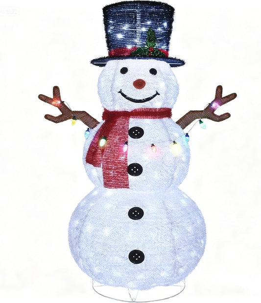 HOYECHI 5ft Lighted Pop-Up Snowman - Large White Outdoor Christmas Decoration with 200 LED Lights, Hat, Scarf, 10 Multicolored Lights, Holiday Ornaments for Home, Lawn and Front Yard