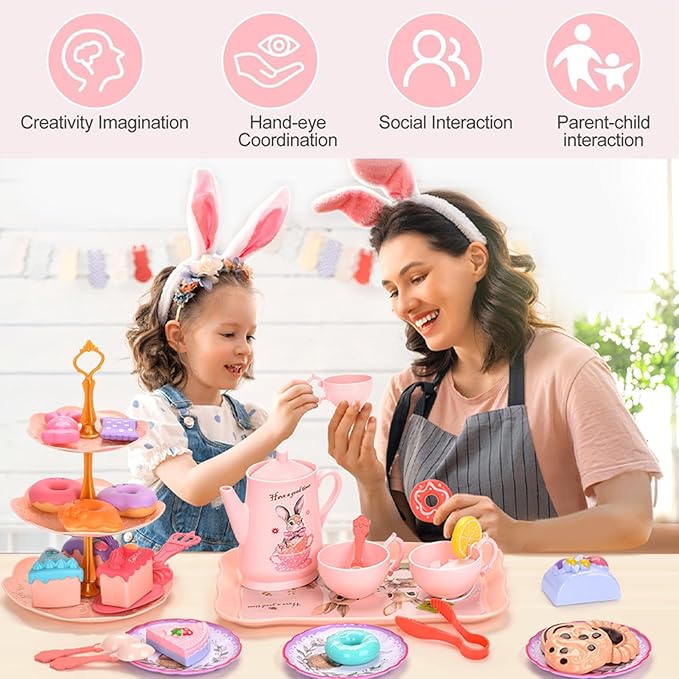 Kids Tea Party Set for Little Girls & Toddlers – Bunny Kitchen Toy & Pretend Play Set with Teapot, Cups, Plates, Desserts & Case | Princess Birthday Gift, Easter Basket Stuffer for Ages 3-5