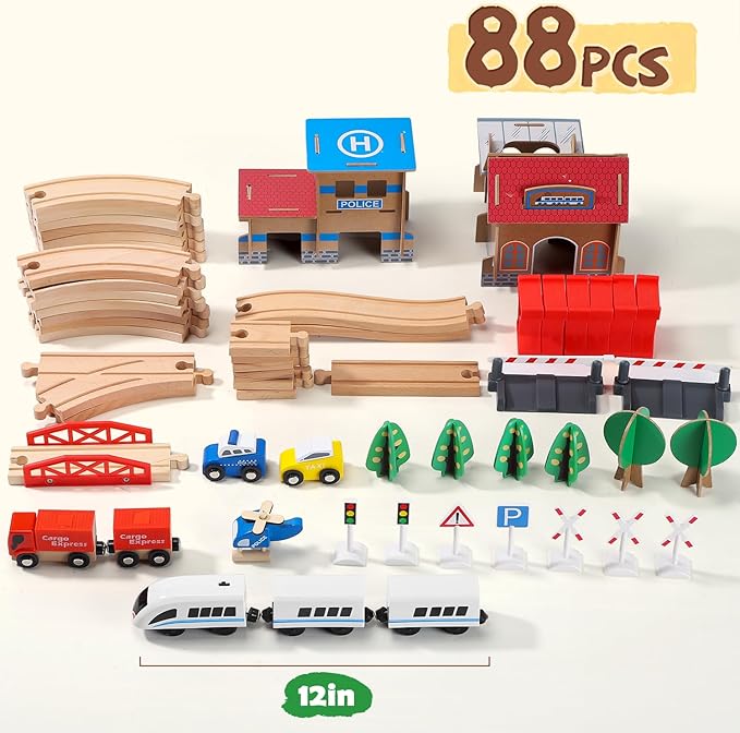 Electric Toddler Wooden Train Set Toy, 88 PCS Train Track Toys for 3 4 5 Years Old Kids, Boys and Girls