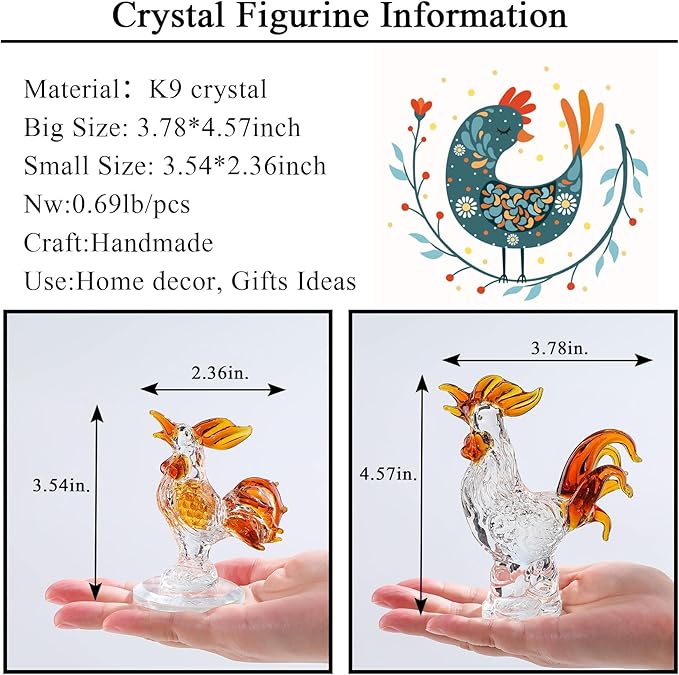 Movdyka 2pc Brown Crystal Chicken Rooster Figurine Table Art Sculpture Decor Hand Blown Glass Farm Animal Table Ornament Decoration Statue Rooster Gifts for Women