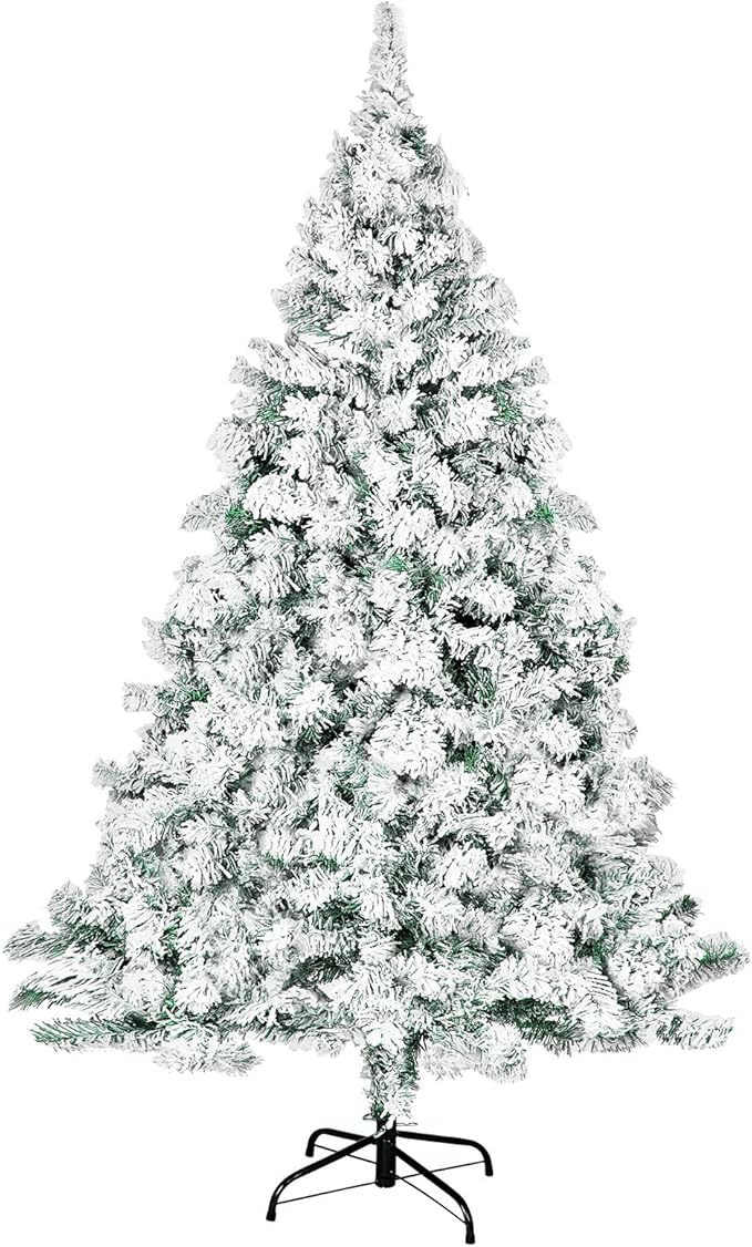 6ft Premium Hinged Artificial Holiday Christmas Tree for Home, Office, Party Decoration Snow Flocked Xmas Pine with 1,000 Branch Tips, Easy Assembly, Metal Hinges & Base (White)