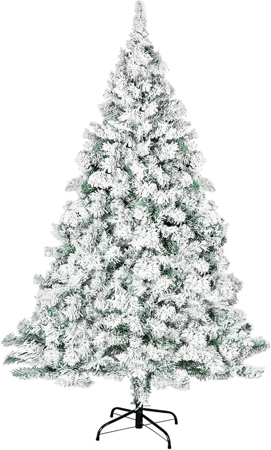 6ft Premium Hinged Artificial Holiday Christmas Tree for Home, Office, Party Decoration Snow Flocked Xmas Pine with 1,000 Branch Tips, Easy Assembly, Metal Hinges & Base (White)