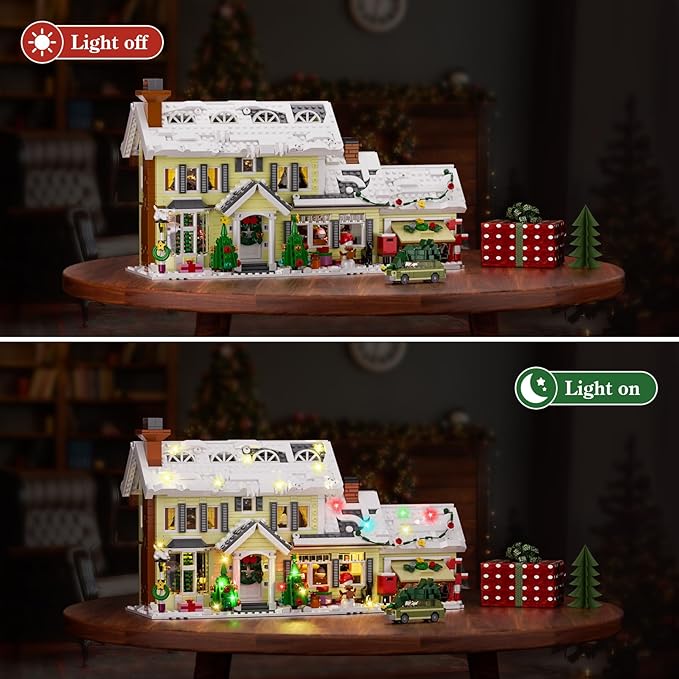 Christmas Holiday House Building Set, DIY Christmas Holiday Snow Village with Clark's Car, Christmas House Compatible with Lego Gifts for Boys, Girls, Family, and Friends (1484pcs)