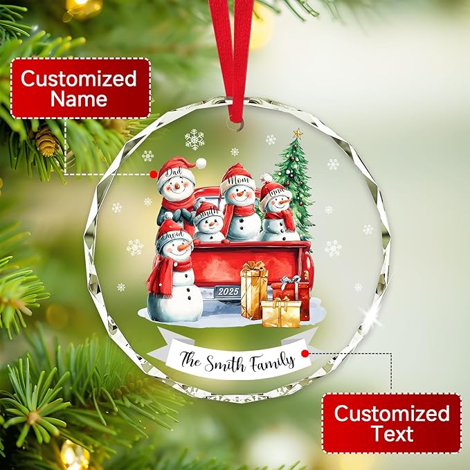 Personalized Christmas Ornaments - Family of 2,3,4,5,6,7,8 Snowman Red Truck Family Christmas Ornament 2025, Custom Name Gift, Holiday Xmas Tree Decoration