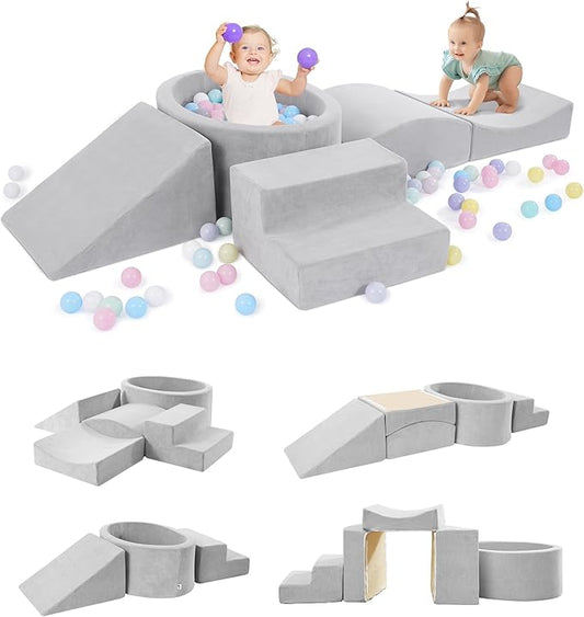 Foam Climbing Blocks with Ball Pit Designed for Toddlers Aged 1-3 -Great for Indoor Crawling, Inside Foam Playground Set for Little Ones to Active Playing -(Balls NOT Included) Grey