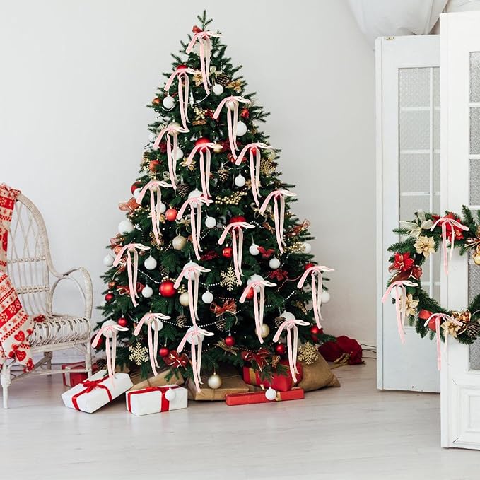 24Pcs Velvet Ribbon 5 x 7 Inch Christmas Ribbon 3/8 Inch Wide Christmas Bows Vintage Velvet Bows for Christmas Tree Pink Bows for Christmas Tree Decorations