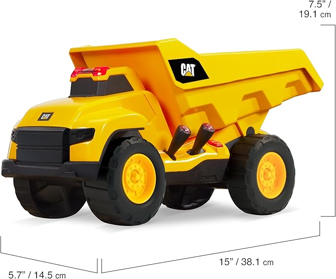 CAT Construction Toys, Motorized Dump Truck Toy, 6 Unique Sounds, 2 Motorized Functions, Lights & Sounds, Includes 3 AA Batteries.