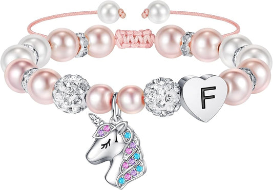 Hidepoo Christmas Gifts for Grandkids Girls - CZ Initial Unicorn Bracelet Adjustable Pink Pearl and Rhinestone Balls Heart Initial Unicorn Bracelets Jewelry Birthday Gifts for Girls Stocking Stuffers