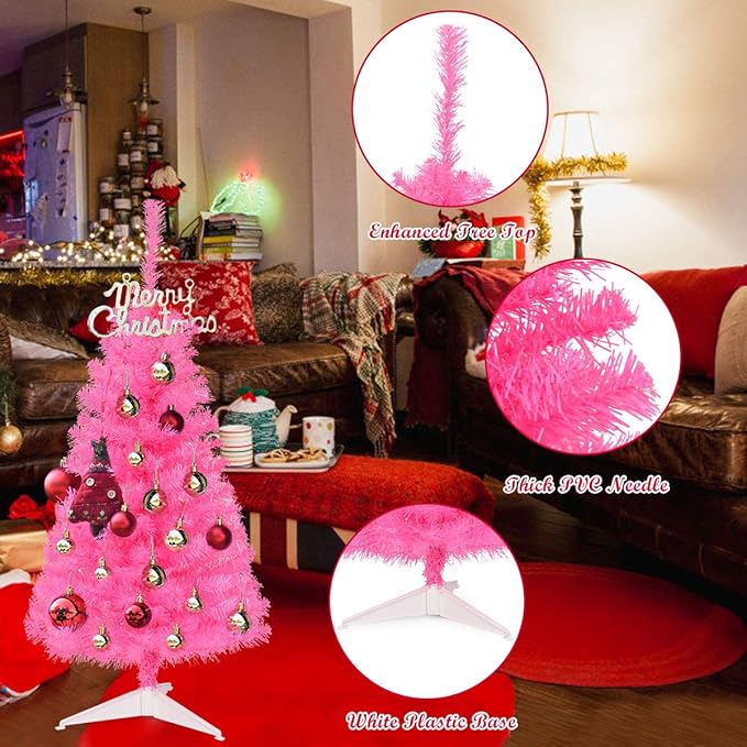 GOLFLAME 3FT Artificial Christmas Tree, Premium Mini Xmas Pine Tree with Stand Base Thicken Tips, Great Holiday Decoration (Pink)