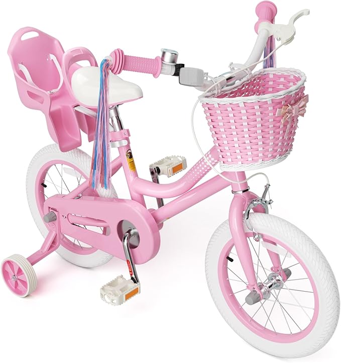 KORIMEFA Girls Bikes Ages 2-4 4-6 6-8 with Training Wheels 12 14 16 Inch, Little Small Kids Princess Toddler Bicycle with Streamers, Pedal Bike with Basket and Doll Seat, Coaster Brake, Birthday Gift