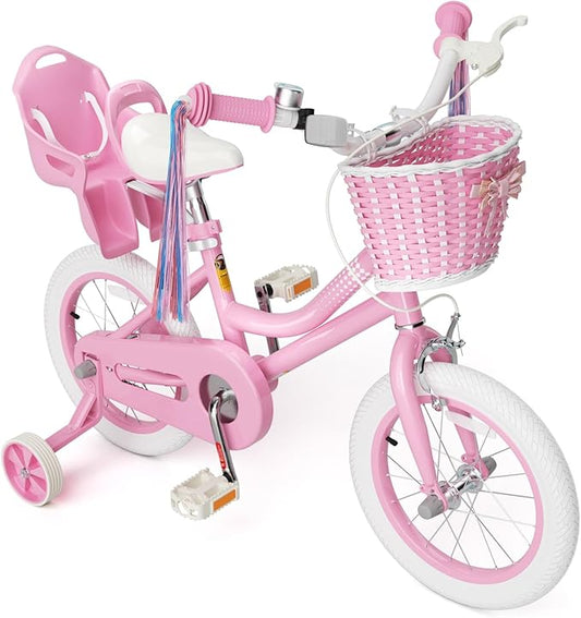 KORIMEFA Girls Bikes Ages 2-4 4-6 6-8 with Training Wheels 12 14 16 Inch, Little Small Kids Princess Toddler Bicycle with Streamers, Pedal Bike with Basket and Doll Seat, Coaster Brake, Birthday Gift