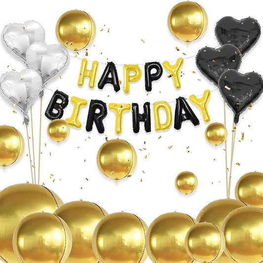 Gold Birthday Decorations with 16pcs Large 4D Foil Balloons in 10-50 Inch + 6pcs 18" Gold Silver Heart Balloons + 16” Happy Birthday Banner for Indoor Outdoor Party Decorations (Gold)