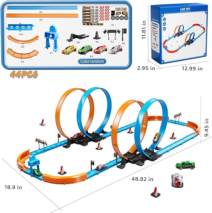 Toy Car Race Track Set for Boys Kids Age 3-5 4-7, Race Tracks with 4 Crash Zones and 1:64 Scale High-Speed Slot Cars, Christmas Halloween Birthday Gifts Toys for Toddlers Boys 4-8 8-12 Years