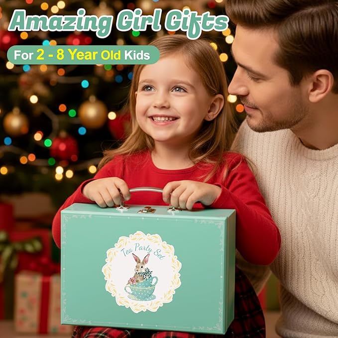 Wooden Tea Party Set for Little Girls, Toddler Pretend Play Food Kitchen Toys, Wooden Tea Set Tray Cake Dessert, Toddler Birthday for Girls Age 2-5 Years Old