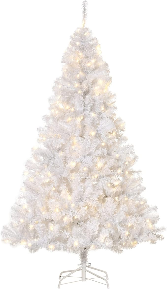 HOMCOM 6' Tall Prelit Christmas Tree Douglas Fir Artificial Christmas Tree with Realistic Branches, 250 Warm White LED Lights and 1000 Tips, White