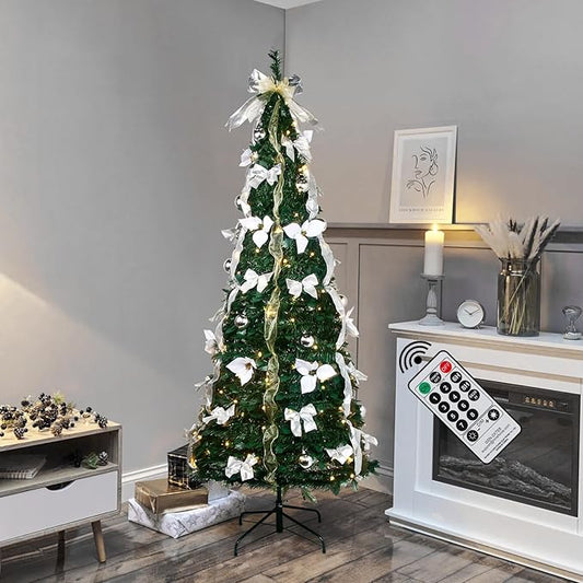 GameXcel 6.5FT Pop Up Christmas Tree with Lights and Decorations & Remote & Timer, Prelit Fully Decorated Pull Up Artificial Christmas Tree with Xmas Ball Ornaments Bows Ribbons for Xmas Party Decor