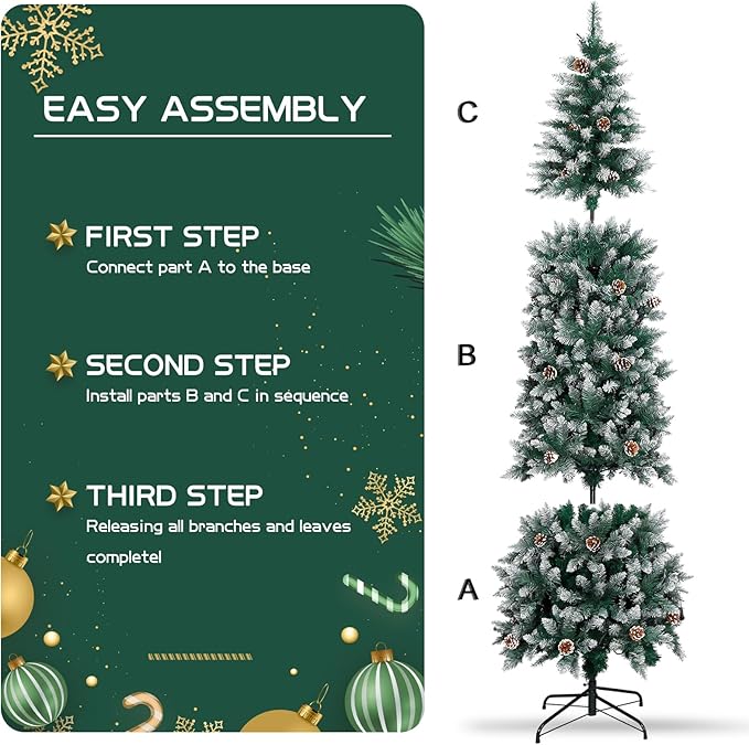 Prelit Pencil Christmas Tree with Lights, Skinny Artificial Christmas Tree, Indoor Fake Xmas Tree Holiday Decor (Warm White Lights, 7.5FT)