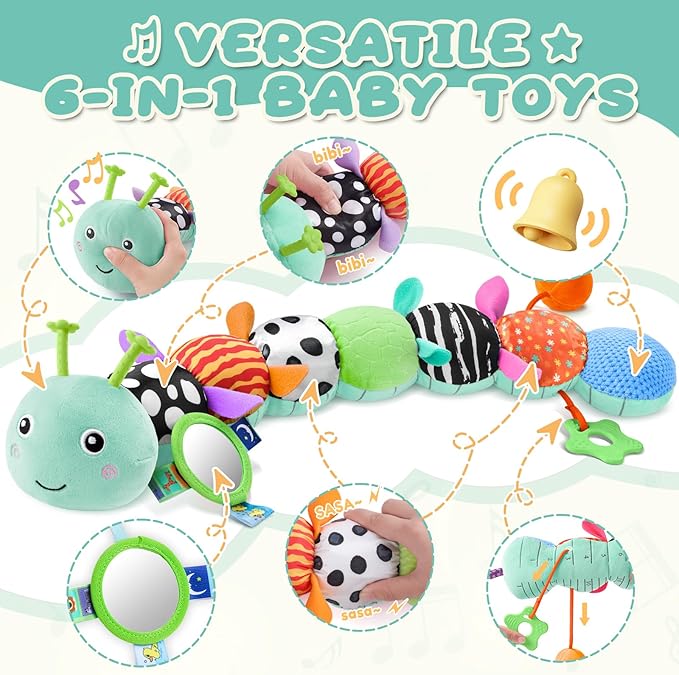 Baby Toys 0-6-12 Months,Musical Caterpillar Stuffed Animals Activity Infant Toys with Crinkle,Rattles,Mirror&Pull String,Muti-Sensory Toys Gifts for Newborn Tummy Time,Mint Blue|Leafy