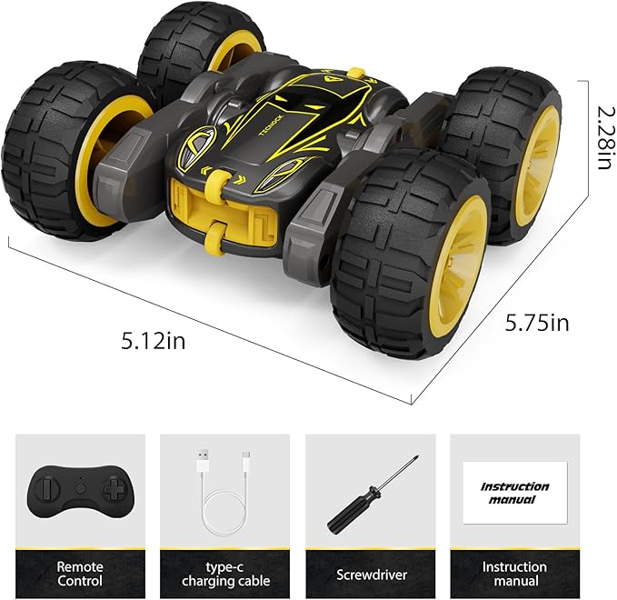 Tecnock Remote Control Car for Kids, 2.4GHz RC Cars with USB-C Easy Charging, 4WD Double Sided 360° Rotates and Flips RC Stunt Car, Toys Gift for Boys and Girls Ages 6-8, 8-12