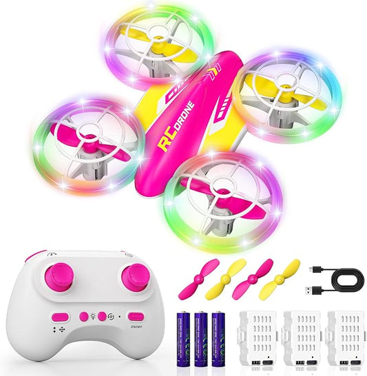 LED RC Drone for Kids 6+, Christmas Birthday Gift for Boys & Girls with Remote Batteries, 360° Flips, 3 Speed Modes, 45 Min Flight Indoor and Outdoor Flying Toy - RoseRed Yellow
