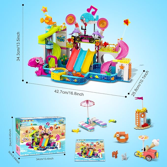 HOGOKIDS Friends Water Park Building Set, 911PCS Summer Fun Party Toy with 5 Water Slides, Creative Swimming Pool Block with Diving Platform & Bike Cart, Pretend Play Gift for Girls Boys Kid Age 8-12+