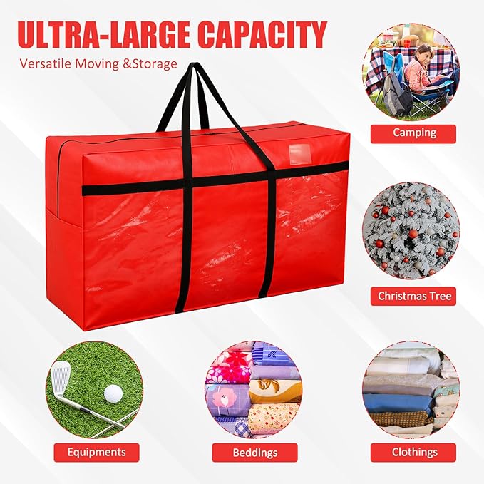 Windyun 4 Pack 69 Gallon Extra Large Storage Bags XXL Moving Bags with Zipper Handles Heavy Duty Jumbo Big Totes Box for Halloween Skeleton 4-12 Feet Christmas Tree Storage College Dorm Cloth (Red)
