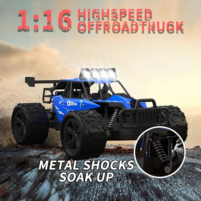 Remote Control Car Monster Truck Toys 1:16 Scale RC Car For Boys 2.4GHz High Speed 20 km/h With LED Headlights,Rechargeable RC Cars Gifts for Boys 4-7 8-12 Christmas, Beginner, Kids 6-12+(Blue)