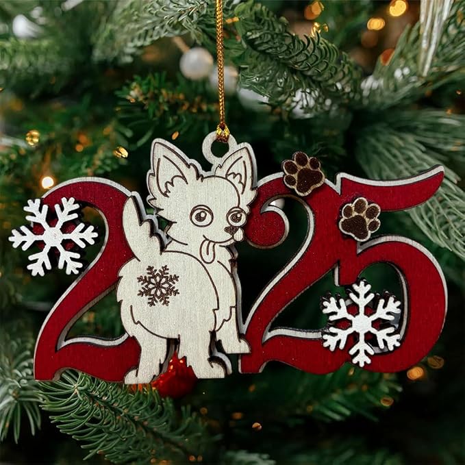 2025 Longhaired Chihuahua Christmas Ornament – Wooden Dog Ornament for Tree, Cute Puppy Holiday Decoration, Personalized Pet Lover Gift for Women, Men, Kids, Dog Mom & Dad