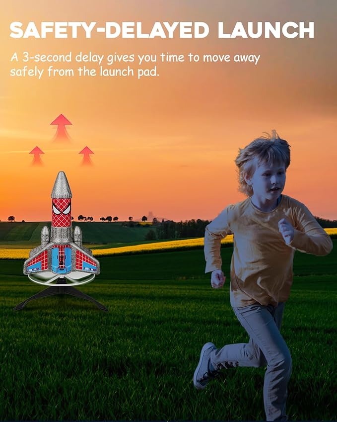 Rocket Launcher for Kids – 2nd Gen Upgraded Design, Electric Auto Launch, 200ft Flight with Safe Parachute, Outdoor Rocket Toy for Boys & Girls, Birthday Gift for Ages 6-13, Spider Pattern