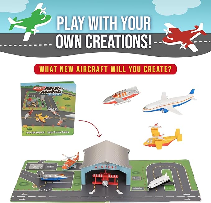 POPULAR PLAYTHINGS Mix or Match Vehicles, Magnetic Snap Toy Play Set, Micro Aircraft with Airplane Helicopter and More, Playmat Included