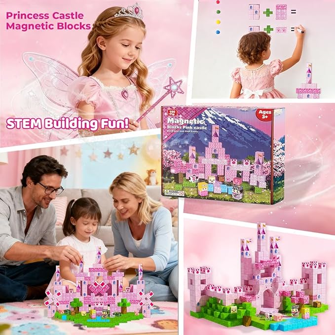 100PCS Magnetic Building Blocks for Kids – Pink Princess Castle Magnetic STEM Toys & Cubes, Squares Sets, Princess Gifts for 3-8 Years Old Girls, Birthday Gifts
