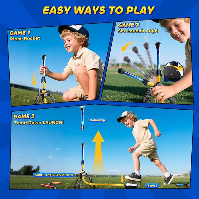 Rockets for Kids Age 4-8 with 8 LED Rockets and 2 Launcher - Outdoor Toys for 4 5 6 7 8-12 Year Old Boy Birthday Gift, Air Powered Flying Toy Shooting Up to 100 Feet, Toys for Kids Ages 8-12