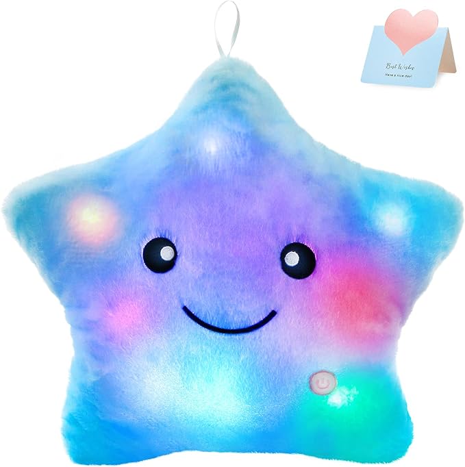 WEWILL 13'' Creative Twinkle Star Glowing LED Night Light Plush Pillows Stuffed Animals Toys Birthday Christmas Holiday Valentines Gifts for Toddlers Girls(Blue)