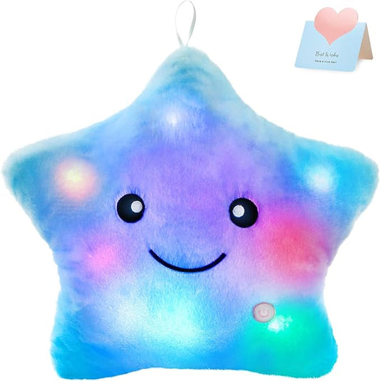 WEWILL 13'' Creative Twinkle Star Glowing LED Night Light Plush Pillows Stuffed Animals Toys Birthday Christmas Holiday Valentines Gifts for Toddlers Girls(Blue)