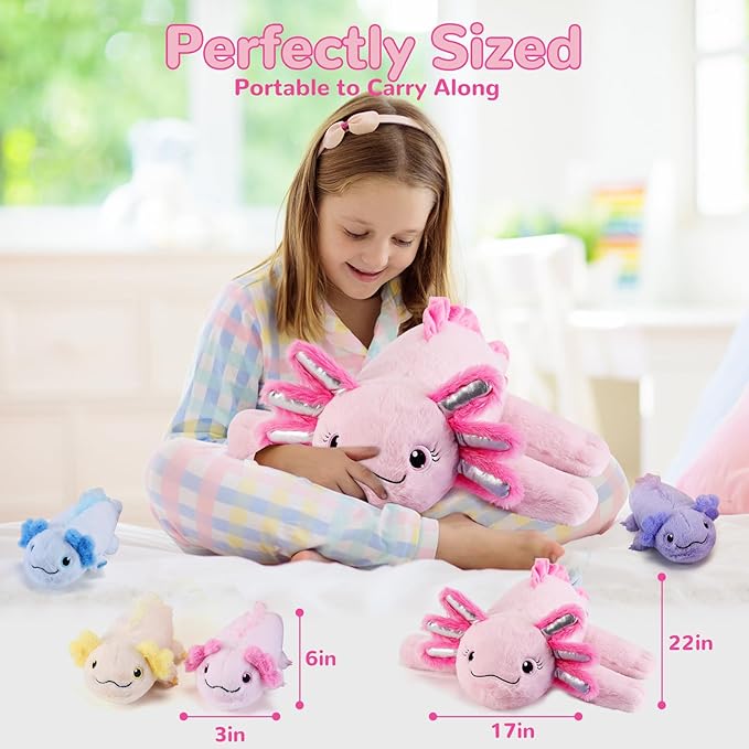 5 Pieces Axolotl Stuffed Animals with Babies Inside Belly - 1 Mommy Stuffed Axolotl with 4 Babies - Pink Axolotls Plush Toy for Kid Age 3-8, Gift Ideal for Christmas, Valentine's, Birthday