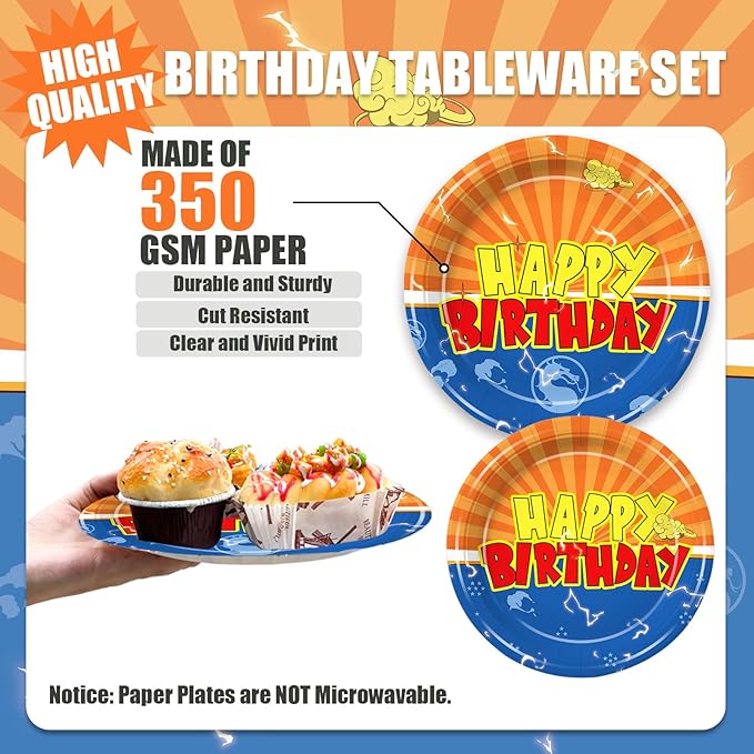 168Pcs Anime Theme Party Supplies Blue and Orange Dragon Paper Plates and Napkins Cartoon Anime Birthday Decoration Tableware Set for Kids Boys 24 Guests Birthday Party