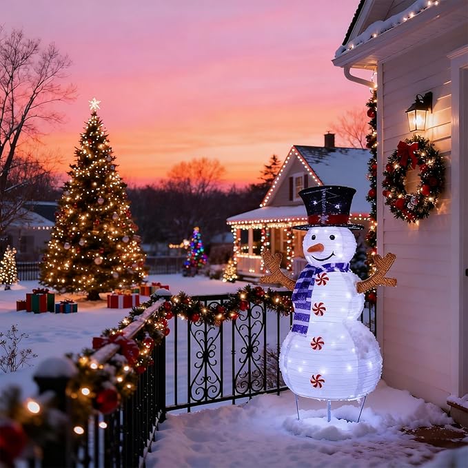Juegoal Lighted Christmas Decorations, 3.5FT Outdoor 3D Collapsible White Snowman with Built-in LED Lights, Pre-Lit Pop Up Xmas Snowman, Light Up for Holiday New Year Winter Garden Decor