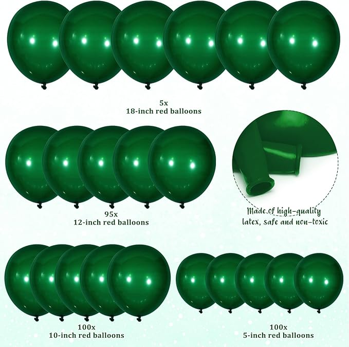 300 Pcs Latex Balloons Different Sizes 5/10/12/18 Inch Party Anniversary Balloons Bulk for Birthday Wedding Baby Shower Party Decoration(Dark Green)