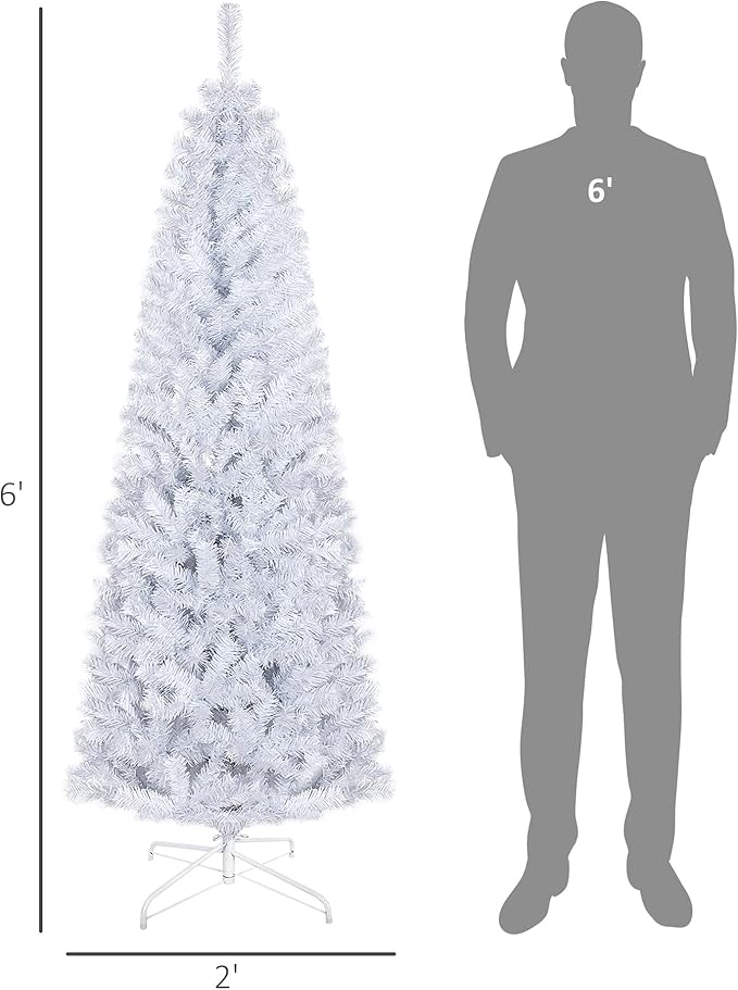 HOMCOM 6ft Pencil Christmas Tree, Unlit Artificial Christmas Tree Slim Douglas Fir Xmas Tree with Realistic Branches, Halloween Tree with 618 Tips, White