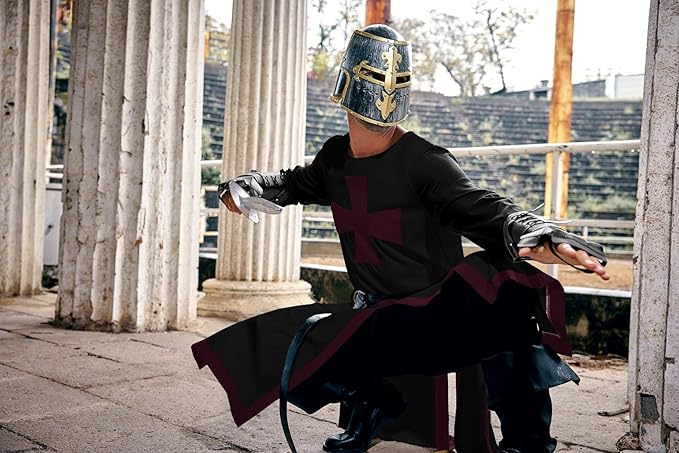 Ryannology Mens Crusader Costume Medieval Templar Renaissance Knight Warrior Tunic Retro Halloween Cosplay Top with Cross
