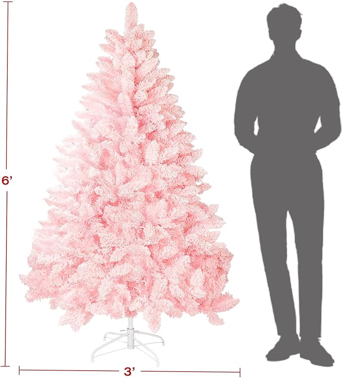 6ft Premium Hinged Artificial Holiday Christmas Tree for Home, Office, Party Decoration Snow Flocked Xmas Pine with 1,000 Branch Tips, Easy Assembly, Metal Hinges & Base (Pink)