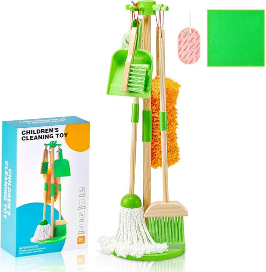 WHOHOLL Kid Cleaning Set, Wooden Toddler Broom Set for Housekeeping, 8 Pcs Kids Broom and Mop Set for Toddlers, Baby Cleaning Toys with Dustpan Sponge, Play Set for Boys and Girls (Green)