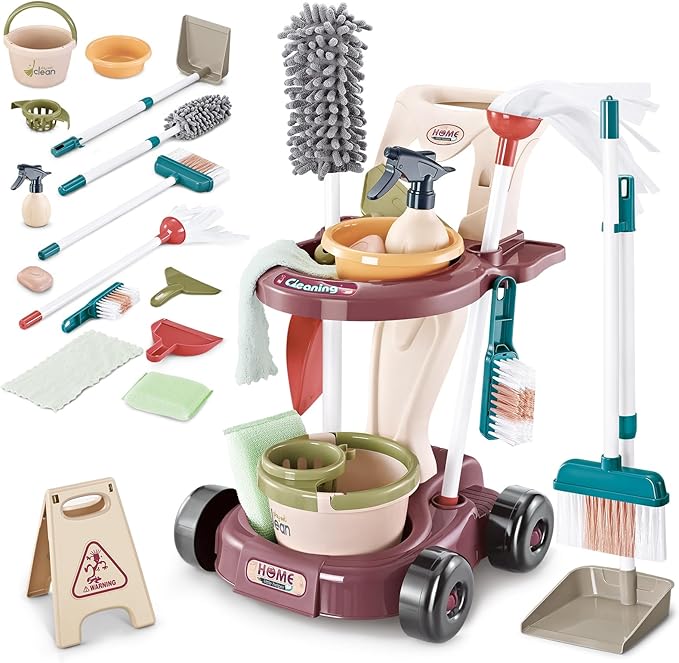 deAO Kids Cleaning Set,Pretend Play Detachable Housekeeping Cart with Broom,Dust Pan,Spray Bottle Children House Cleaning Tools Toys,Educational Toddler Cleaning Carts