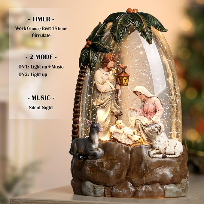 Nativity Snow Globe Christmas Decorations for Home Nativity Scene with Timer Music Sheep Donkey 8.8 inch