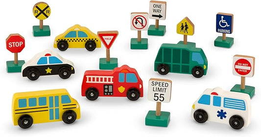 Melissa & Doug Wooden Vehicles and Traffic Signs With 6 Cars and 9 Signs