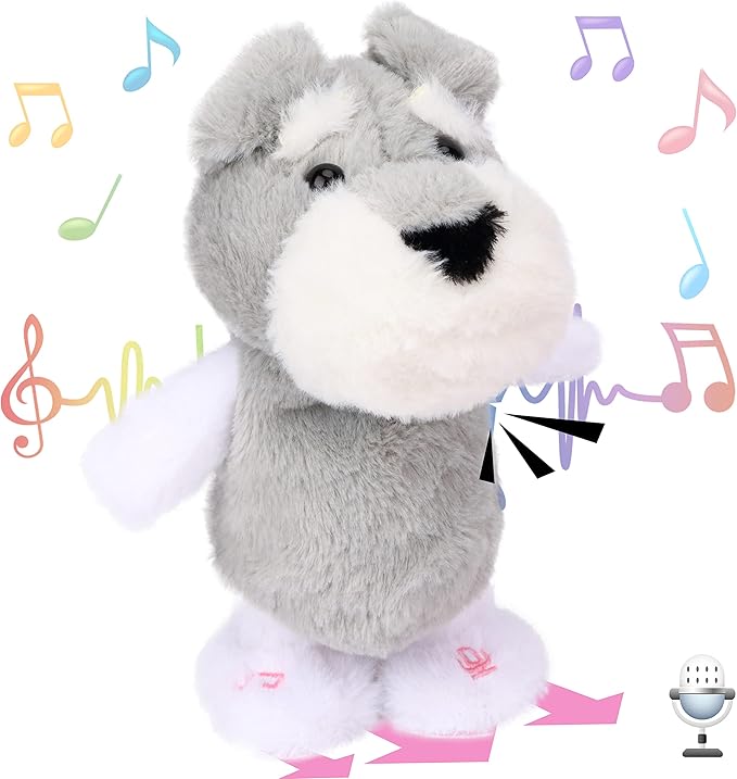 Hopearl Talking Schnauzer Singing Dog Repeats What You Say Puppy Walking Electric Interactive Animated Toy Speaking Plush Buddy Gifts for Toddlers, Gray, 8''