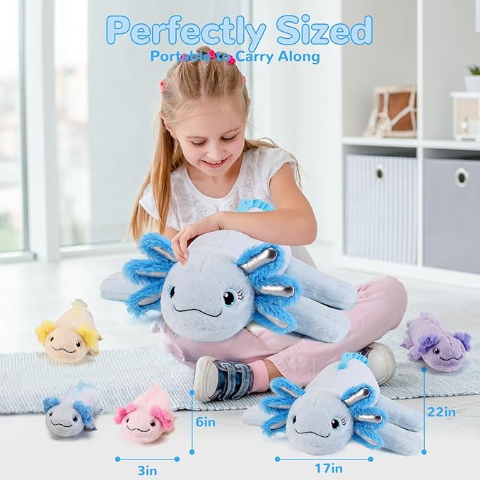 5 Pieces Axolotl Stuffed Animals with Babies Inside Belly - 1 Mommy Stuffed Axolotl with 4 Babies - Blue Axolotls Plush Toy for Kid Age 3-8, Gift Ideal for Christmas, Valentine's, Birthday