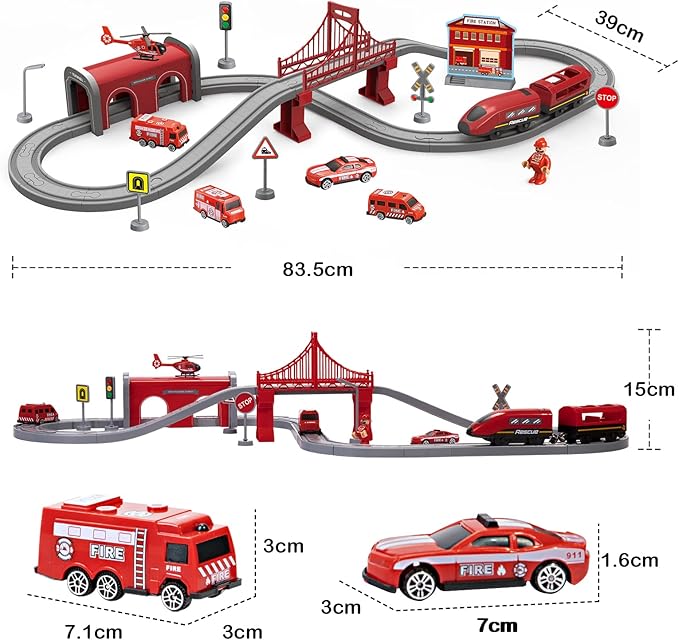 Train Sets for Toddlers, 66 Pcs Trains Toy with Battery Operated & Tracks (Magnetic Connection), Compatible with Thomas, Brio, Christmas Toy Gifts for 3 4 5 6 7 8 Years Old (Fire Engines)