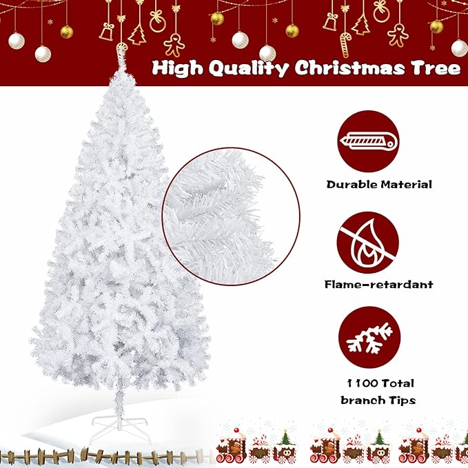 Bonnlo 6 ft White Unlit Artificial Christmas Pine Tree Xmas Tree Holiday Party Decoration with Sturdy Metal Stand, Full 1100 Tips Branch for Indoor and Outdoor