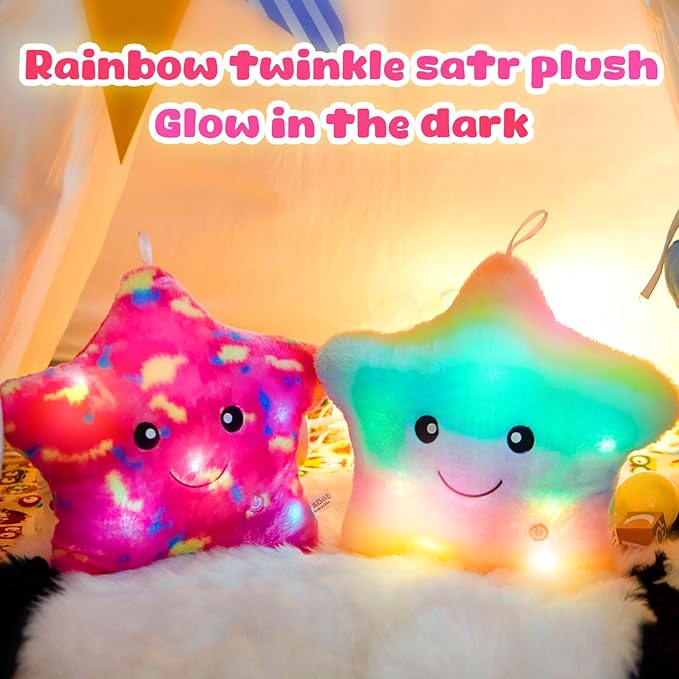 WEWILL 13'' Pink Light up Twinkle Star Glowing LED Night Light Plush Toy Pillows Stuffed Animal Birthday Christmas Holiday Valentines Gifts for Toddlers Girls